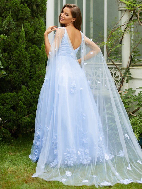 A-Line/Princess Tulle Applique V-neck Sleeveless Sweep/Brush Train Dresses 5254