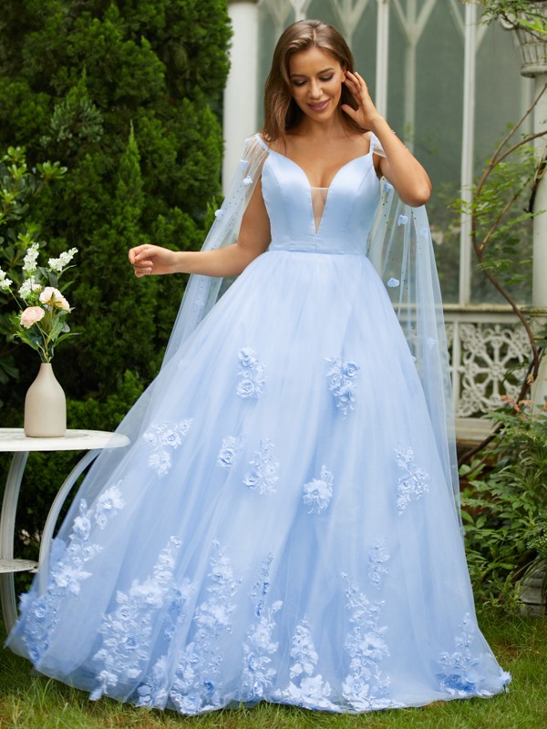 A-Line/Princess Tulle Applique V-neck Sleeveless Sweep/Brush Train Dresses 5254