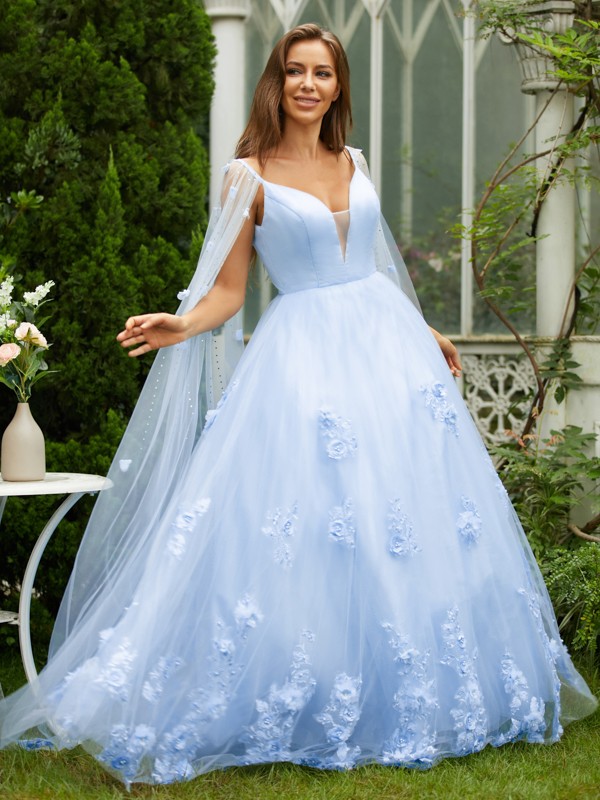 A-Line/Princess Tulle Applique V-neck Sleeveless Sweep/Brush Train Dresses 5254