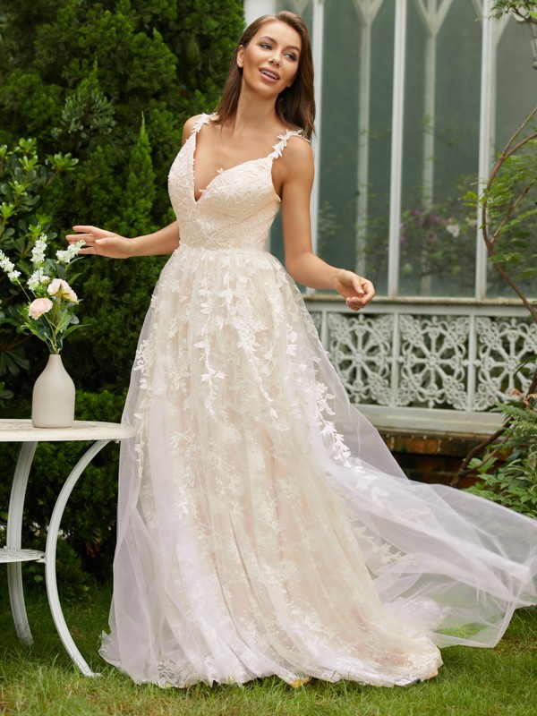 A-Line/Princess Tulle Lace V-neck Sleeveless Sweep/Brush Train Dresses 5328