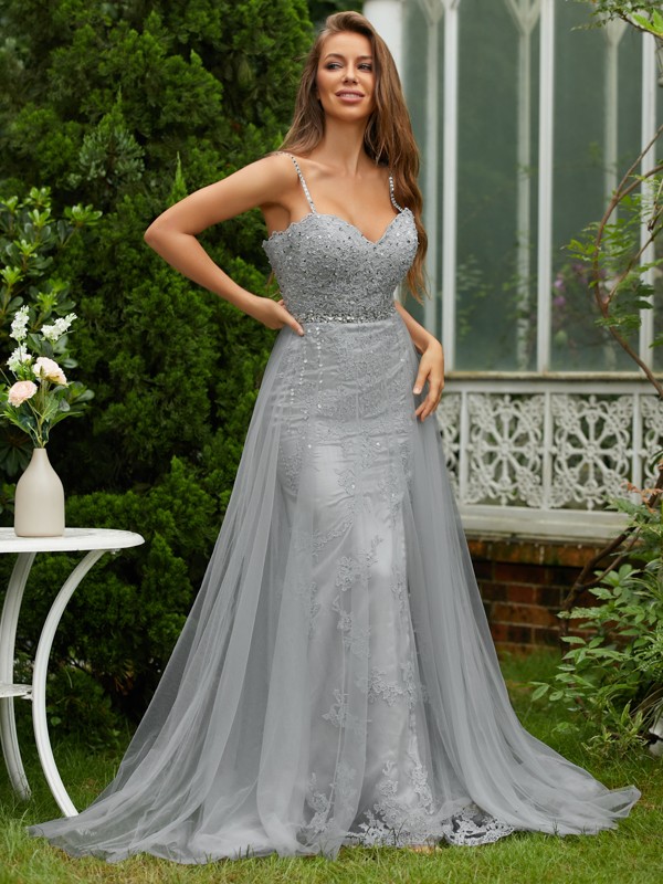 A-Line/Princess Tulle Lace V-neck Sleeveless Sweep/Brush Train Dresses 5329