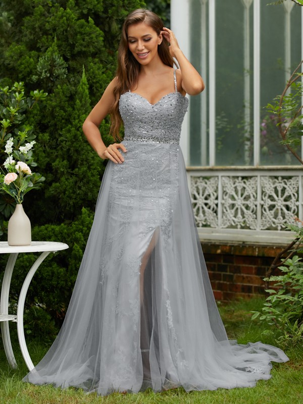 A-Line/Princess Tulle Lace V-neck Sleeveless Sweep/Brush Train Dresses 5329