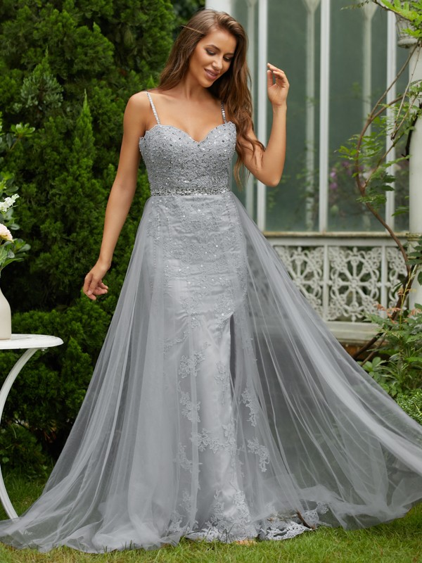 A-Line/Princess Tulle Lace V-neck Sleeveless Sweep/Brush Train Dresses 5329