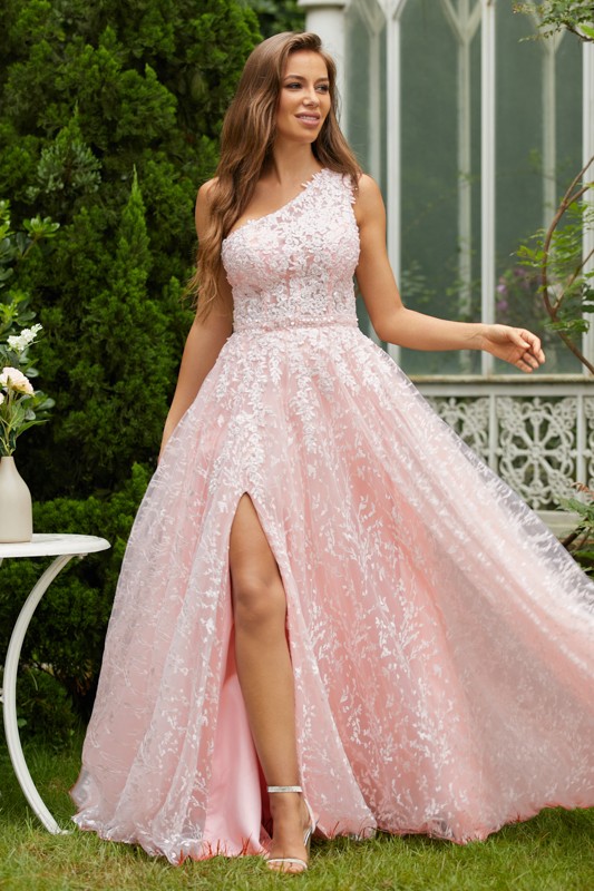 A-Line/Princess Lace Ruffles One-Shoulder Sleeveless Sweep/Brush Train Dresses 3726