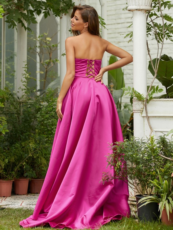 A-Line/Princess Satin Ruffles Strapless Sleeveless Sweep/Brush Train Dresses 4196