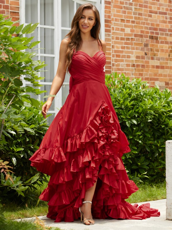 A-Line/Princess Taffeta Layers V-neck Sleeveless Asymmetrical Dresses 5125