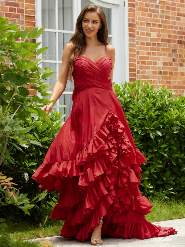 A-Line/Princess Taffeta Layers V-neck Sleeveless Asymmetrical Dresses 5125