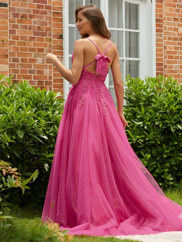 A-Line/Princess Tulle Applique V-neck Sleeveless Sweep/Brush Train Dresses 5255