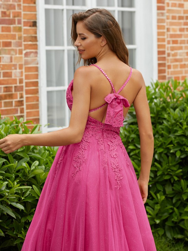 A-Line/Princess Tulle Applique V-neck Sleeveless Sweep/Brush Train Dresses 5255