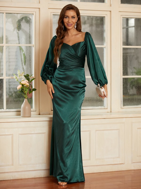 Sheath/Column Silk like Satin Ruched V-neck Long Sleeves Floor-Length Dresses 6558