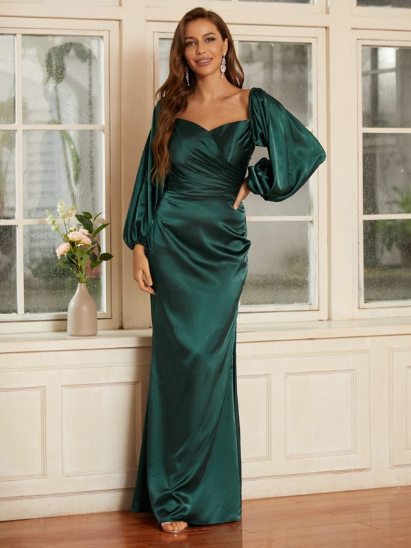 Sheath/Column Silk like Satin Ruched V-neck Long Sleeves Floor-Length Dresses 6558