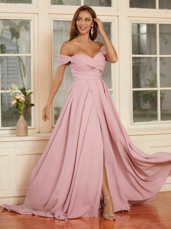 A-Line/Princess Stretch Crepe Ruffles Off-the-Shoulder Sleeveless Sweep/Brush Train Dresses 4878