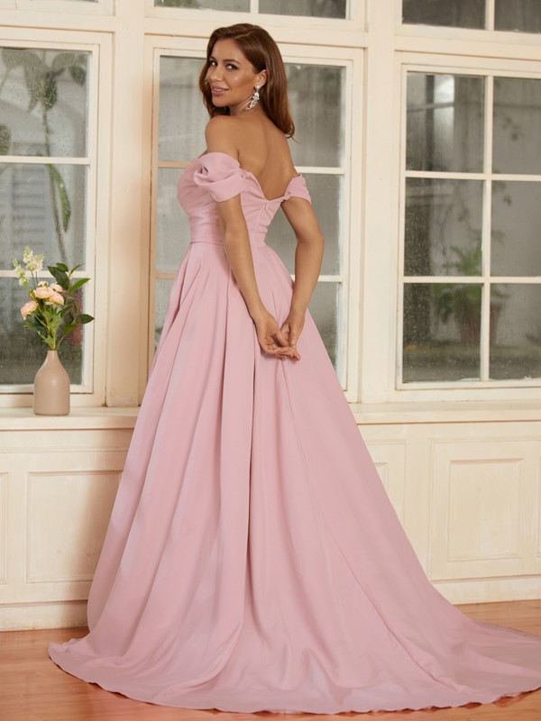 A-Line/Princess Stretch Crepe Ruffles Off-the-Shoulder Sleeveless Sweep/Brush Train Dresses 4878