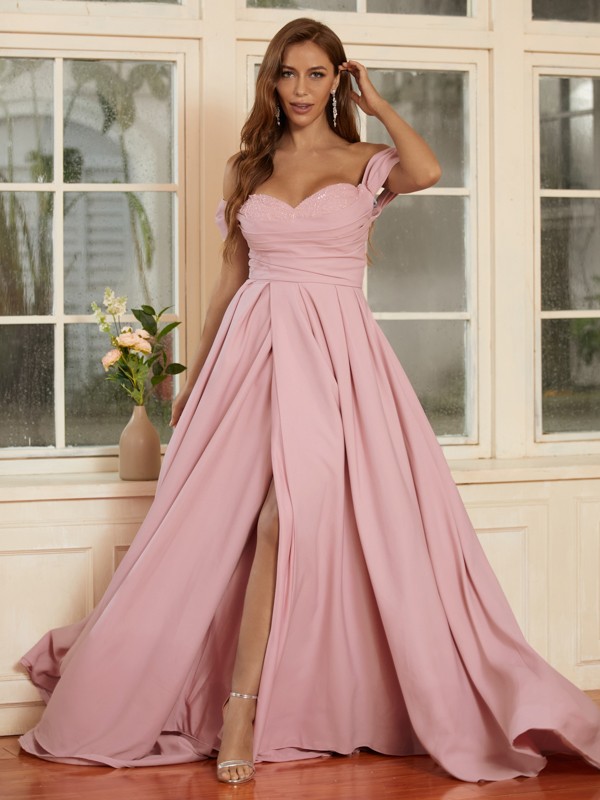 A-Line/Princess Stretch Crepe Ruffles Off-the-Shoulder Sleeveless Sweep/Brush Train Dresses 4878