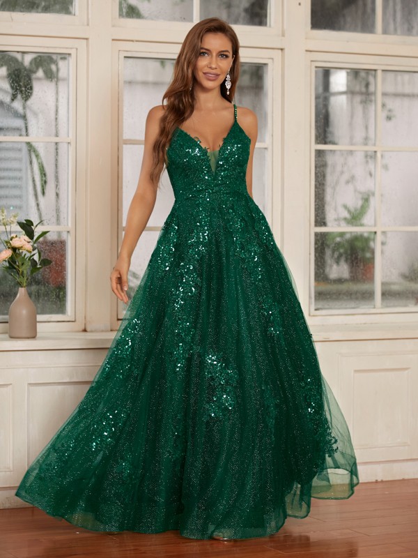 A-Line/Princess Lace Applique V-neck Sleeveless Floor-Length Dresses 3715