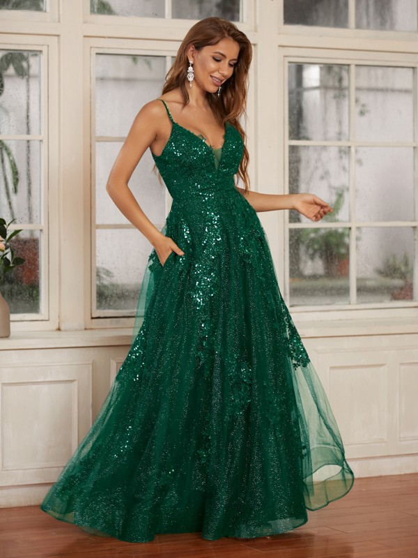 A-Line/Princess Lace Applique V-neck Sleeveless Floor-Length Dresses 3715