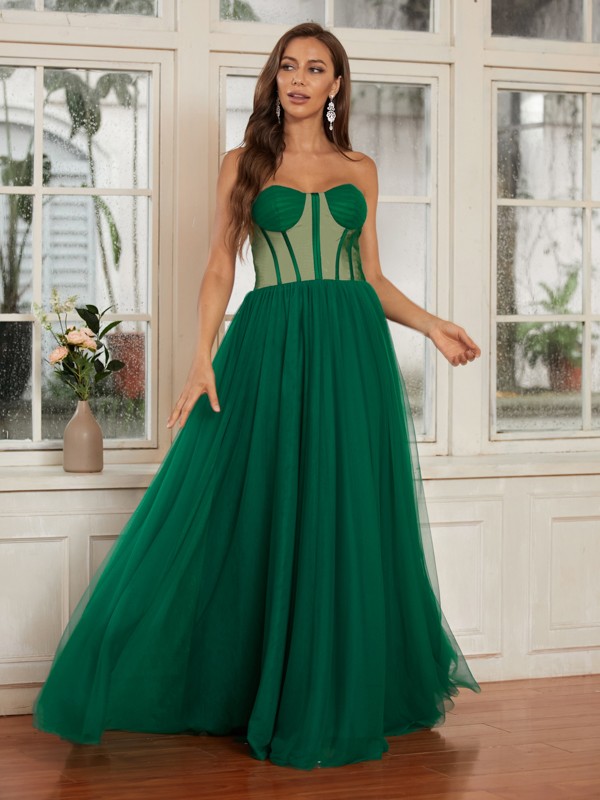 A-Line/Princess Tulle Ruffles Sweetheart Sleeveless Floor-Length Dresses 5374