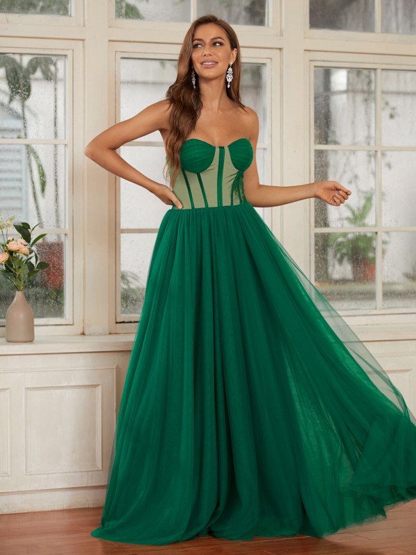 A-Line/Princess Tulle Ruffles Sweetheart Sleeveless Floor-Length Dresses 5374