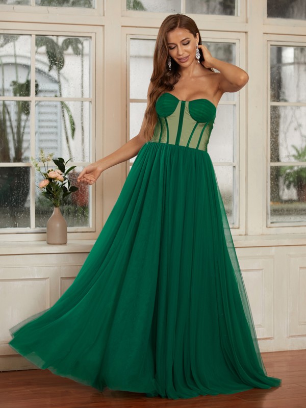 A-Line/Princess Tulle Ruffles Sweetheart Sleeveless Floor-Length Dresses 5374