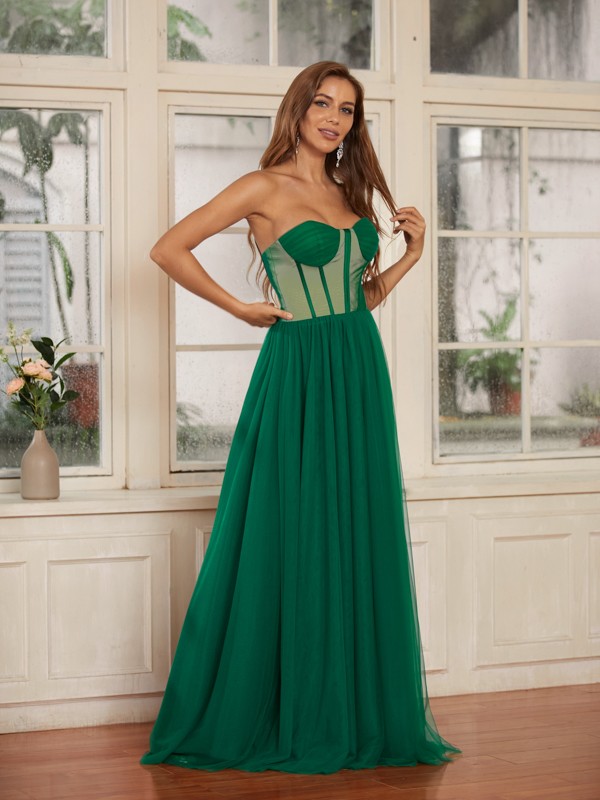 A-Line/Princess Tulle Ruffles Sweetheart Sleeveless Floor-Length Dresses 5374