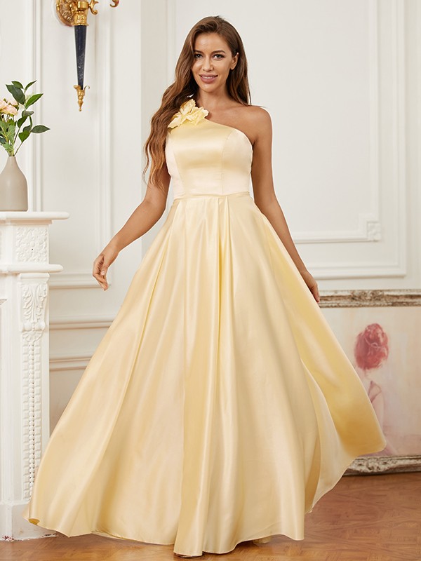 A-Line/Princess Satin Hand-Made Flower One-Shoulder Sleeveless Floor-Length Dresses 4098