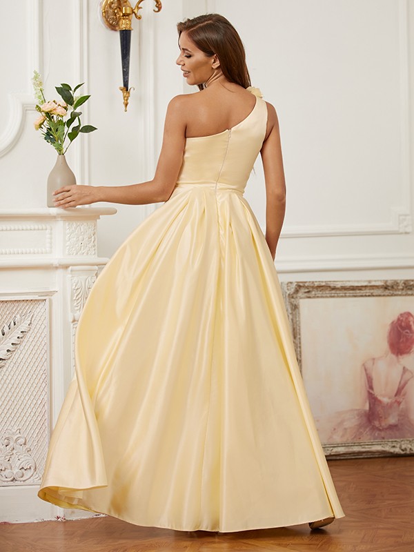 A-Line/Princess Satin Hand-Made Flower One-Shoulder Sleeveless Floor-Length Dresses 4098