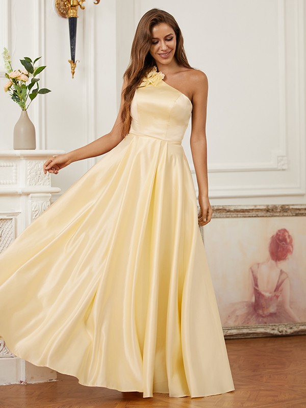 A-Line/Princess Satin Hand-Made Flower One-Shoulder Sleeveless Floor-Length Dresses 4098