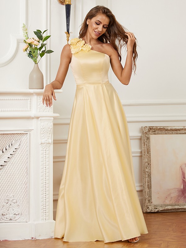 A-Line/Princess Satin Hand-Made Flower One-Shoulder Sleeveless Floor-Length Dresses 4098