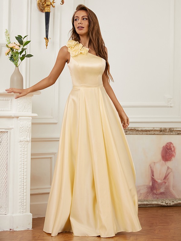 A-Line/Princess Satin Hand-Made Flower One-Shoulder Sleeveless Floor-Length Dresses 4098