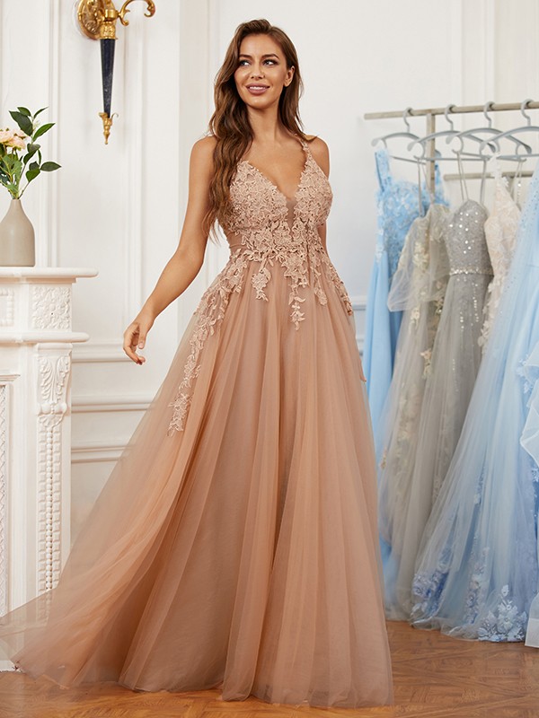 A-Line/Princess Tulle Applique V-neck Sleeveless Floor-Length Dresses 5217