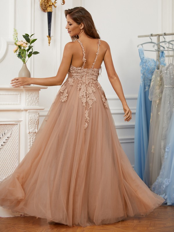 A-Line/Princess Tulle Applique V-neck Sleeveless Floor-Length Dresses 5217