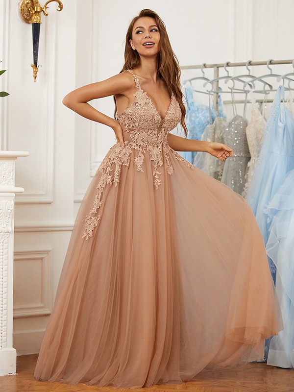 A-Line/Princess Tulle Applique V-neck Sleeveless Floor-Length Dresses 5217