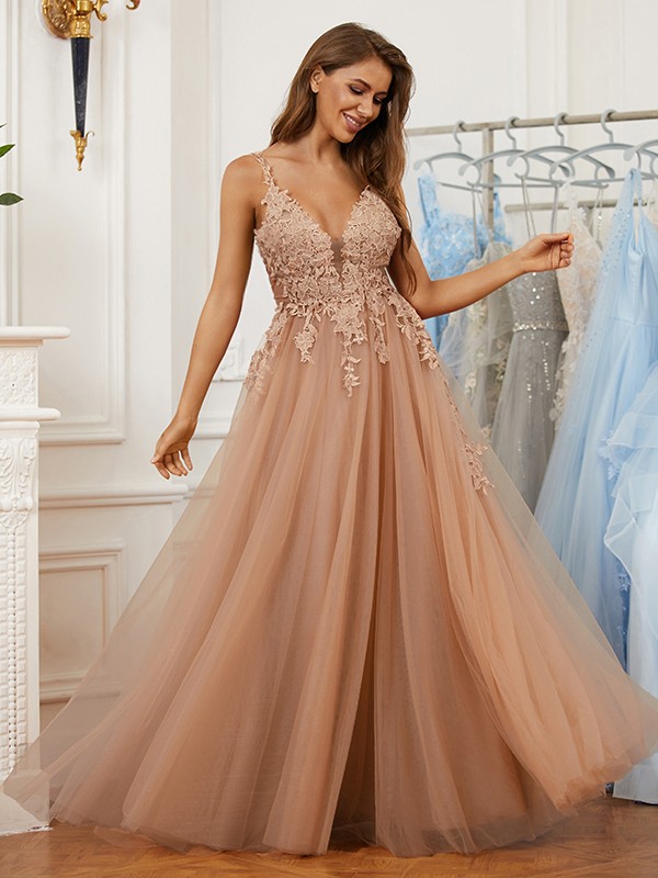 A-Line/Princess Tulle Applique V-neck Sleeveless Floor-Length Dresses 5217