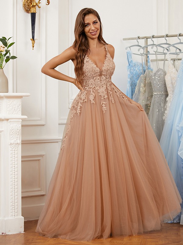 A-Line/Princess Tulle Applique V-neck Sleeveless Floor-Length Dresses 5217