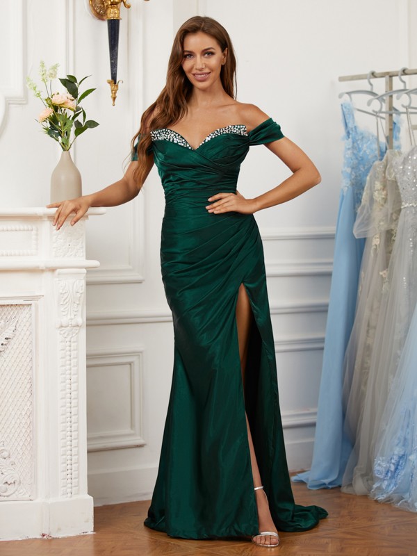 Sheath/Column Silk like Satin Ruched Off-the-Shoulder Sleeveless Sweep/Brush Train Dresses 6519