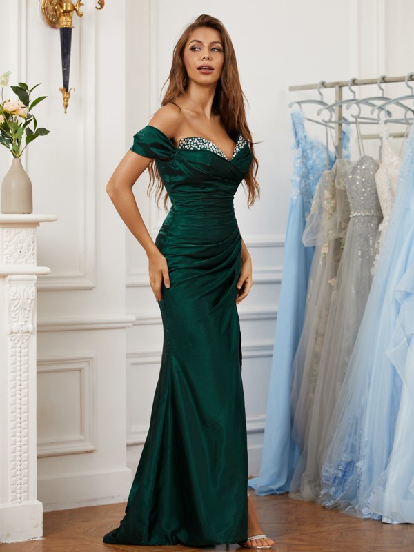 Sheath/Column Silk like Satin Ruched Off-the-Shoulder Sleeveless Sweep/Brush Train Dresses 6519