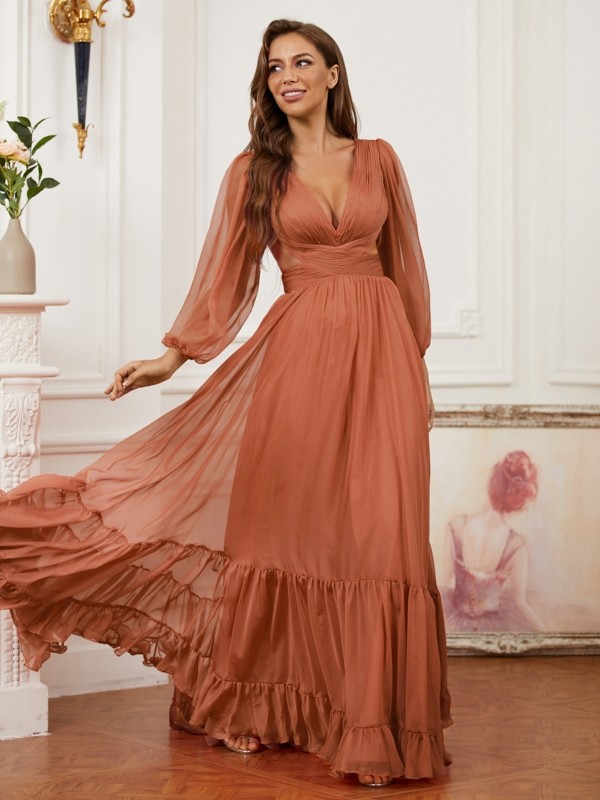 A-Line/Princess 30D Chiffon Ruffles V-neck Long Sleeves Sweep/Brush Train Dresses 3329