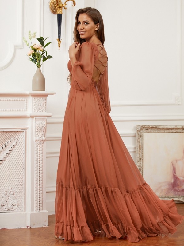 A-Line/Princess 30D Chiffon Ruffles V-neck Long Sleeves Sweep/Brush Train Dresses 3329