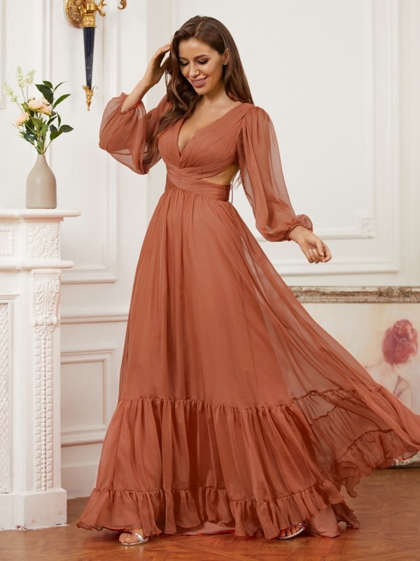 A-Line/Princess 30D Chiffon Ruffles V-neck Long Sleeves Sweep/Brush Train Dresses 3329