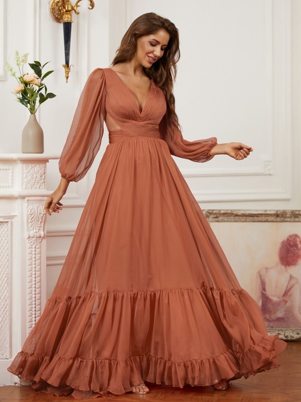 A-Line/Princess 30D Chiffon Ruffles V-neck Long Sleeves Sweep/Brush Train Dresses 3329