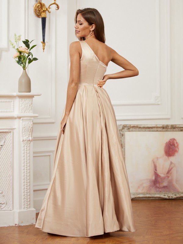 A-Line/Princess Satin Ruffles One-Shoulder Sleeveless Floor-Length Dresses 4165