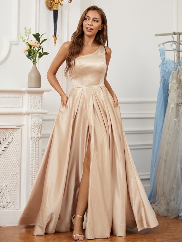 A-Line/Princess Satin Ruffles One-Shoulder Sleeveless Floor-Length Dresses 4165