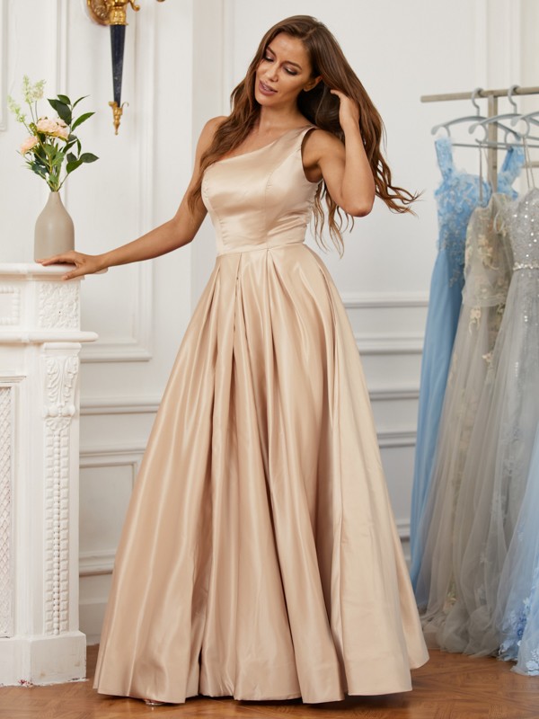 A-Line/Princess Satin Ruffles One-Shoulder Sleeveless Floor-Length Dresses 4165