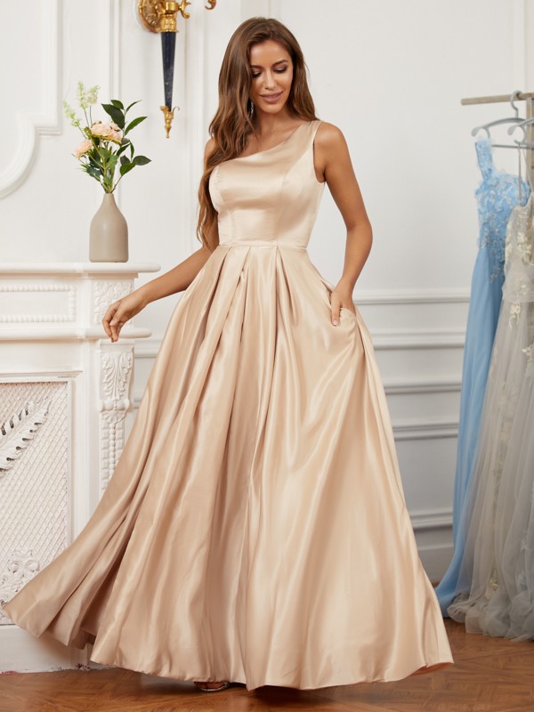 A-Line/Princess Satin Ruffles One-Shoulder Sleeveless Floor-Length Dresses 4165