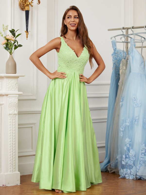 A-Line/Princess Elastic Woven Satin Lace V-neck Sleeveless Floor-Length Dresses 3517