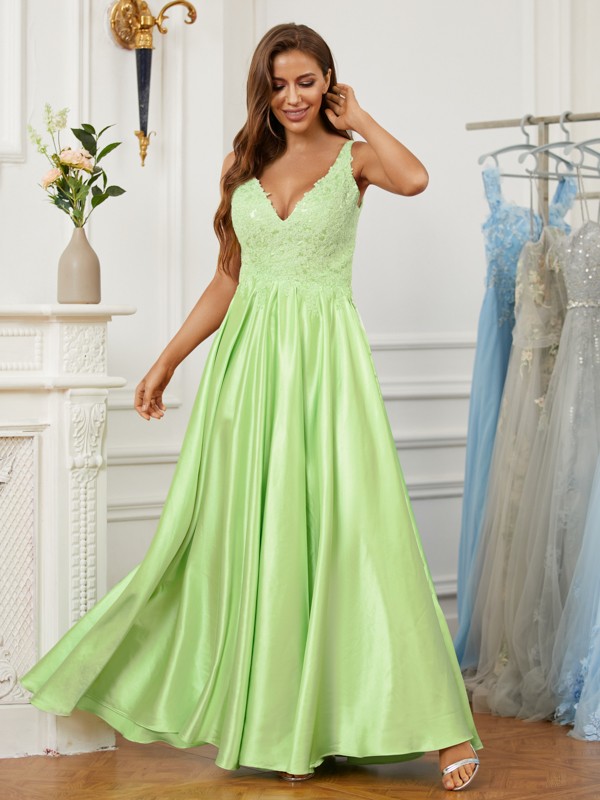 A-Line/Princess Elastic Woven Satin Lace V-neck Sleeveless Floor-Length Dresses 3517