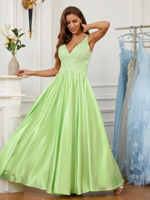 A-Line/Princess Elastic Woven Satin Lace V-neck Sleeveless Floor-Length Dresses 3517