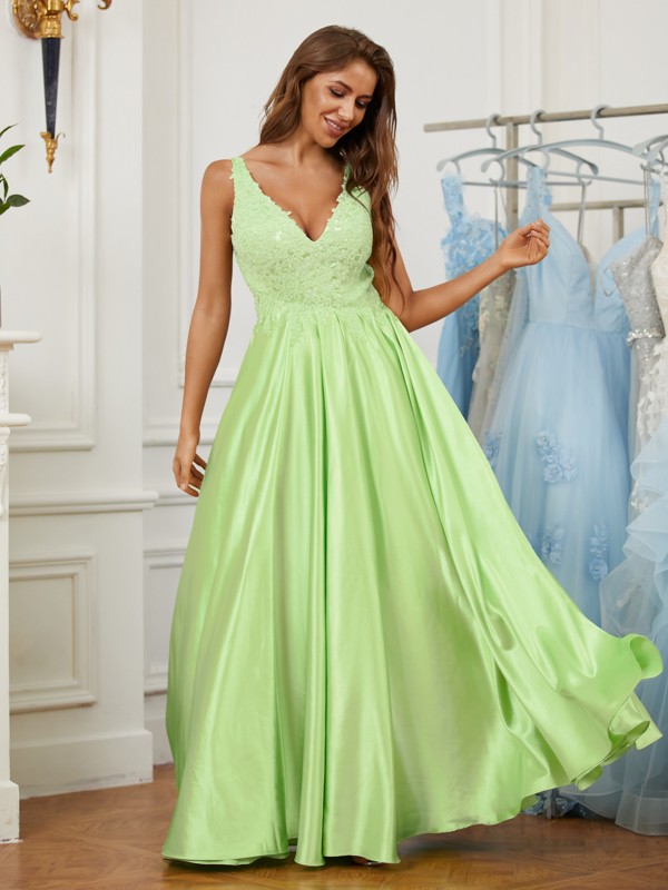 A-Line/Princess Elastic Woven Satin Lace V-neck Sleeveless Floor-Length Dresses 3517