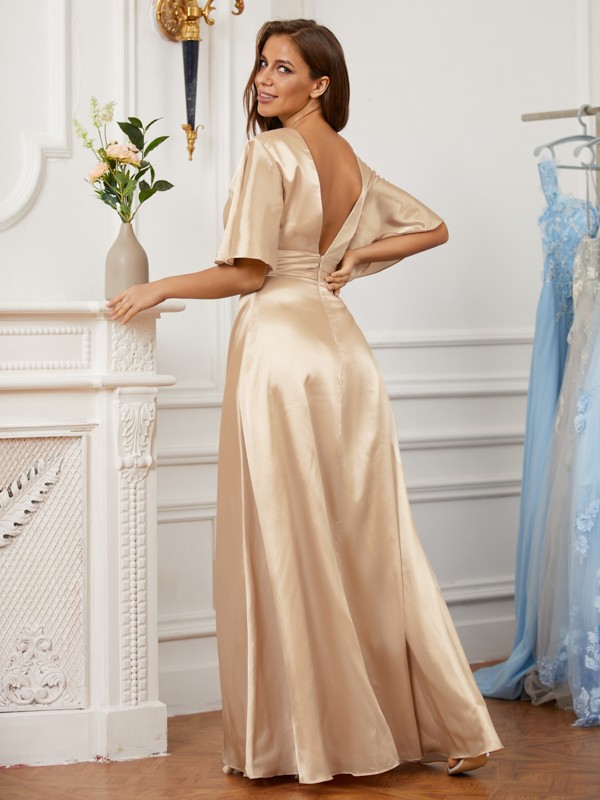 A-Line/Princess Silk like Satin Ruched V-neck Short Sleeves Floor-Length Dresses 4446