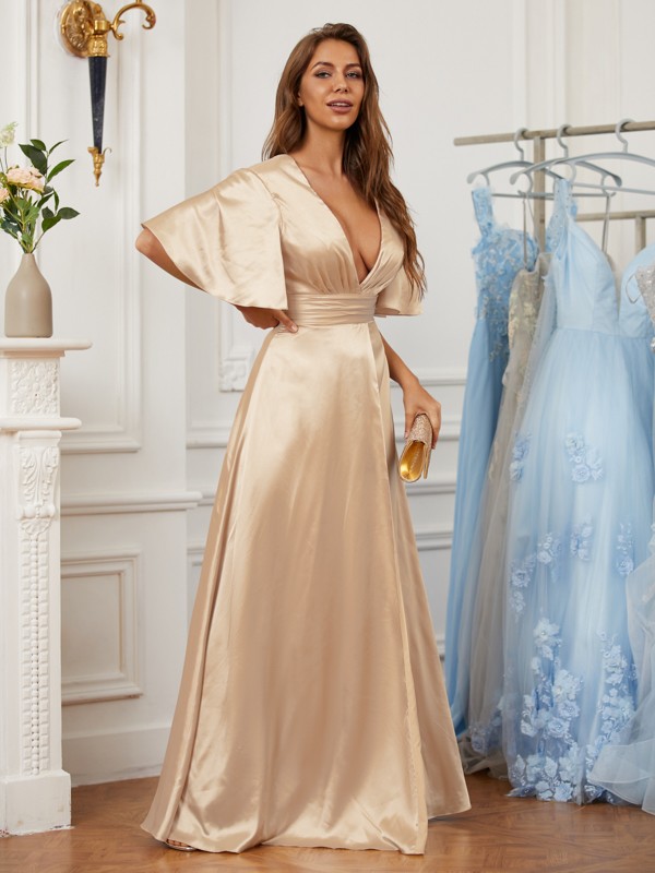 A-Line/Princess Silk like Satin Ruched V-neck Short Sleeves Floor-Length Dresses 4446